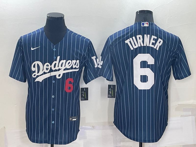 Men Los Angeles Dodgers 6 Turner Blue Stripe Throwback Nike 2022 MLB Jersey1